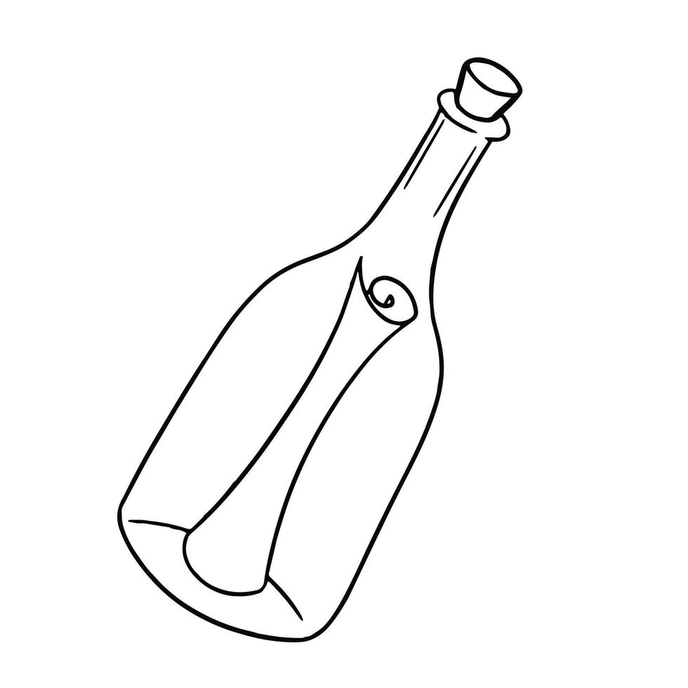 Monochrome picture, glass bottle with message, letter, vector illustration in cartoon style on white background