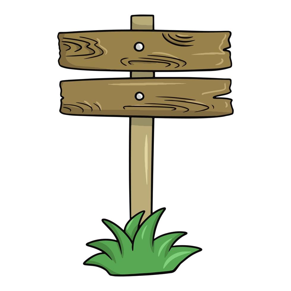 An old brown wooden sign on a pole, a stand with green grass, a vector illustration in cartoon style on a white background