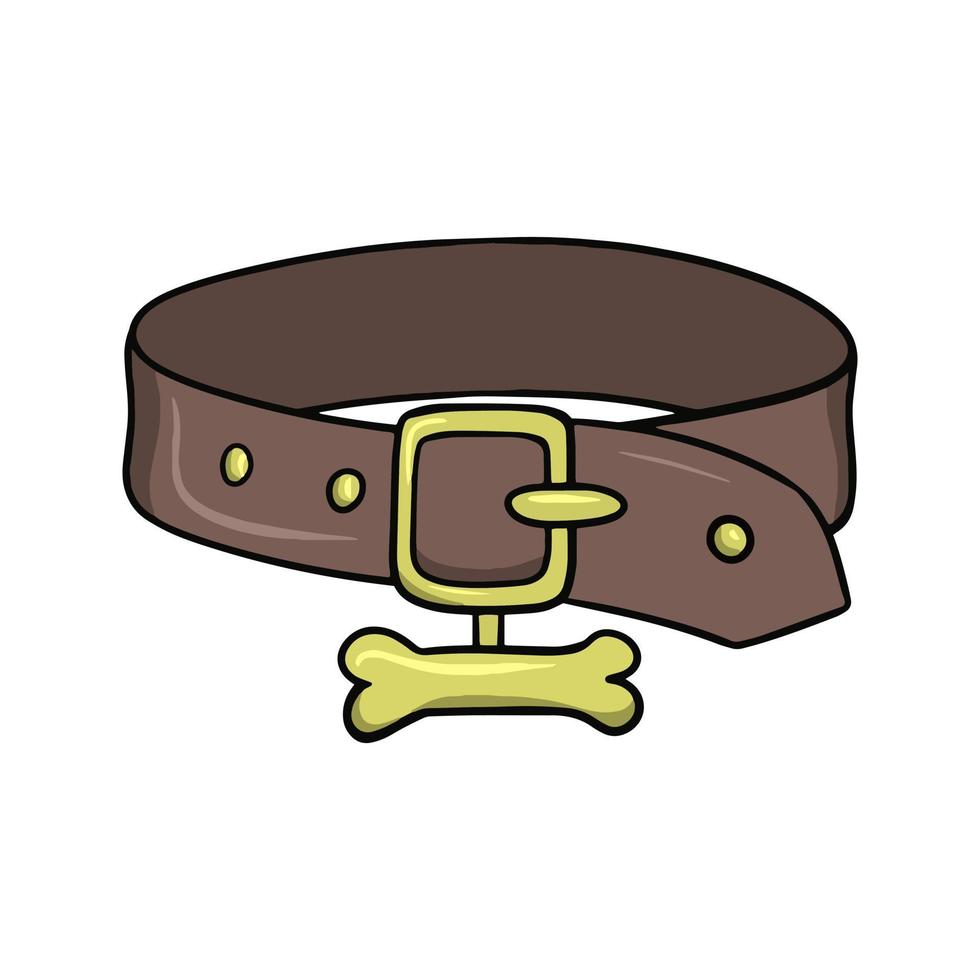 Brown leather dog collar with gold tag, vector illustration in cartoon style on white background