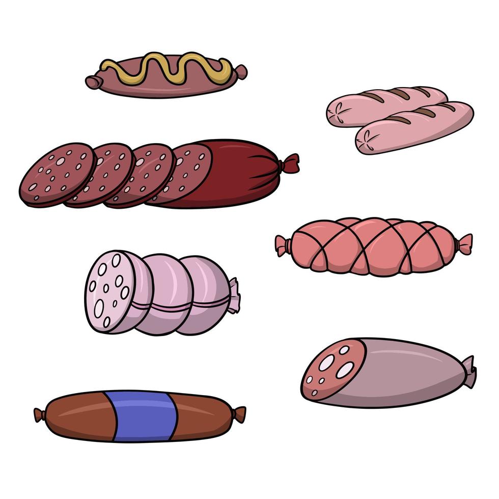 una colección de salchichas diferentes, salchicha ahumada con tocino, trozos de salchicha ahumada, ilustración de dibujos animados vectoriales en un fondo blanco vector