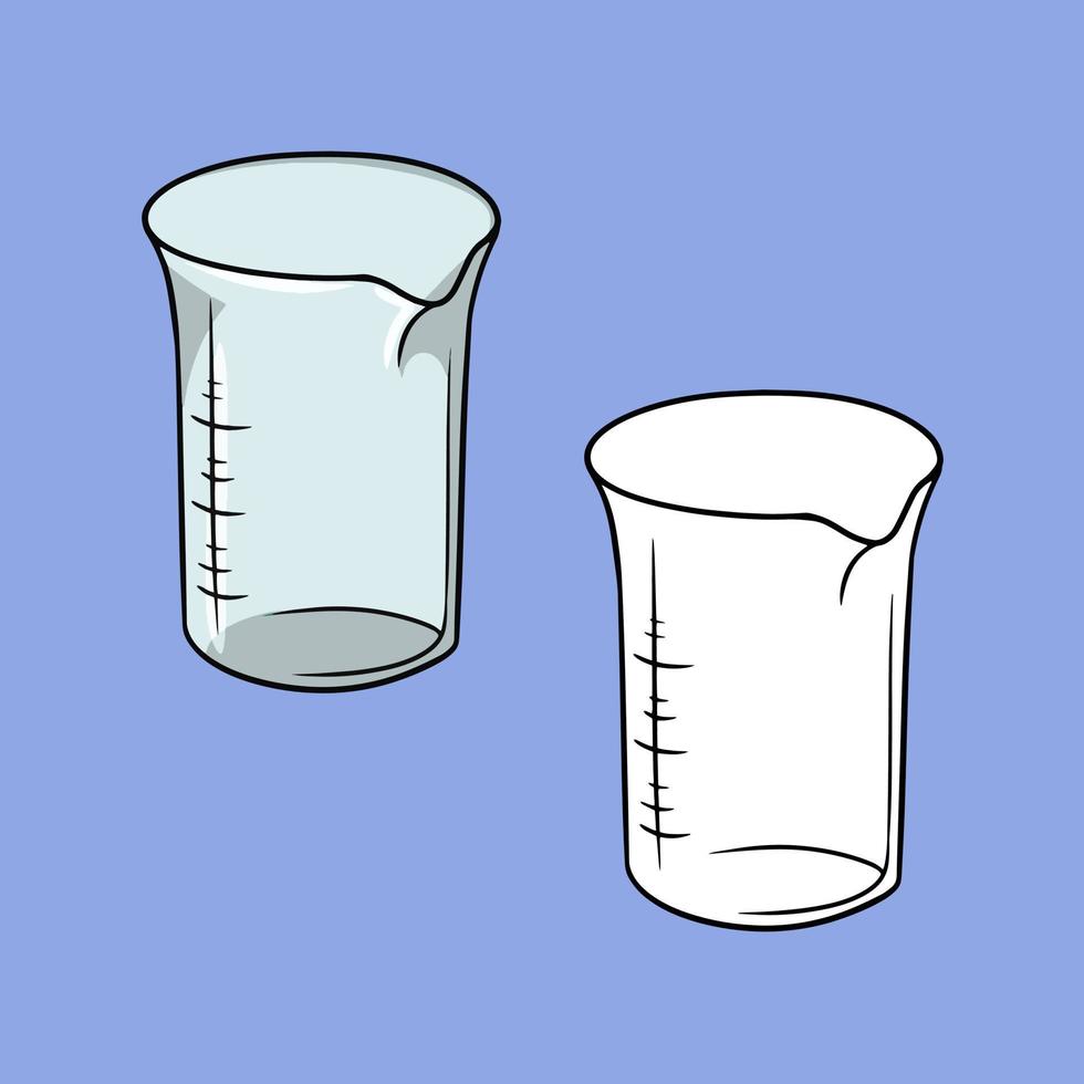 A set of pictures,   a glass measuring cup with divisions, a vector illustration in cartoon style on a colored background