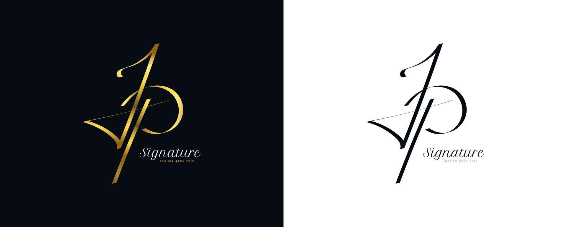 Diseño del logotipo de la firma inicial jp con un estilo de escritura dorado elegante y minimalista. diseño inicial del logotipo j y p para bodas, moda, joyería, boutique e identidad de marca comercial vector