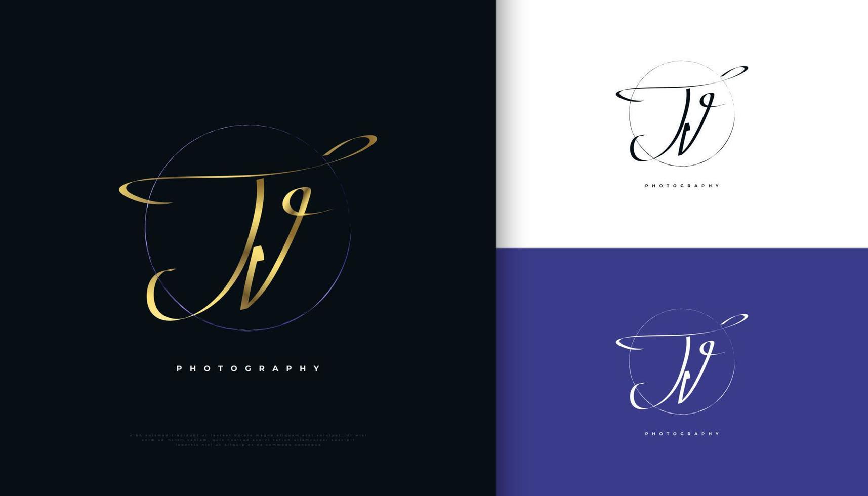 JV Initial Signature Logo Design with Elegant and Minimalist Gold Handwriting Style. Initial J and V Logo Design for Wedding, Fashion, Jewelry, Boutique and Business Brand Identity vector