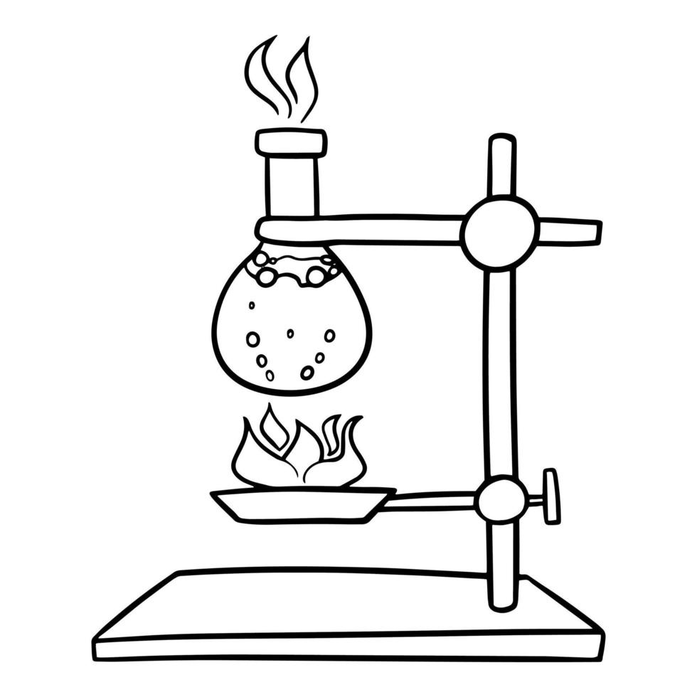 Monochrome picture, Chemical experiment with heating solution, glass flask with boiling liquid, vector illustration in cartoon style on a white background