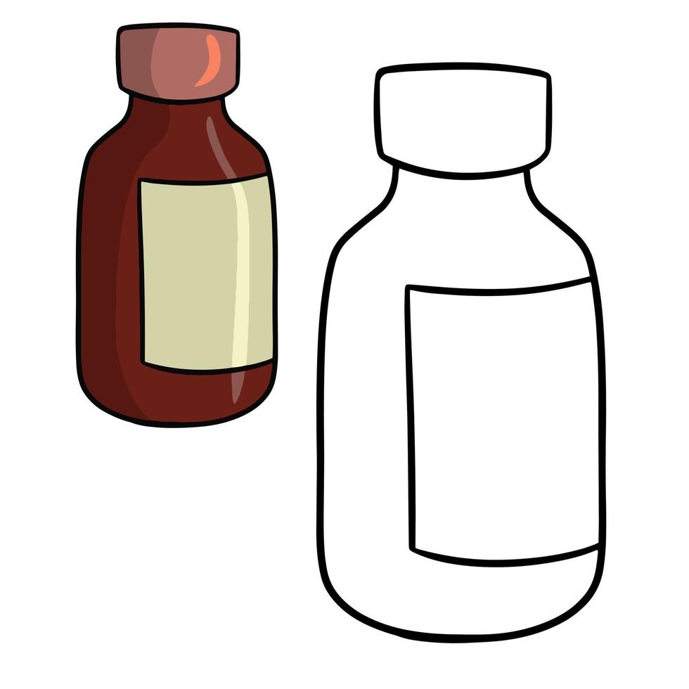 Set of Monochrome and color pictures, brown glass medicine bottle, glass jar with label, vector illustration in cartoon style on a white background