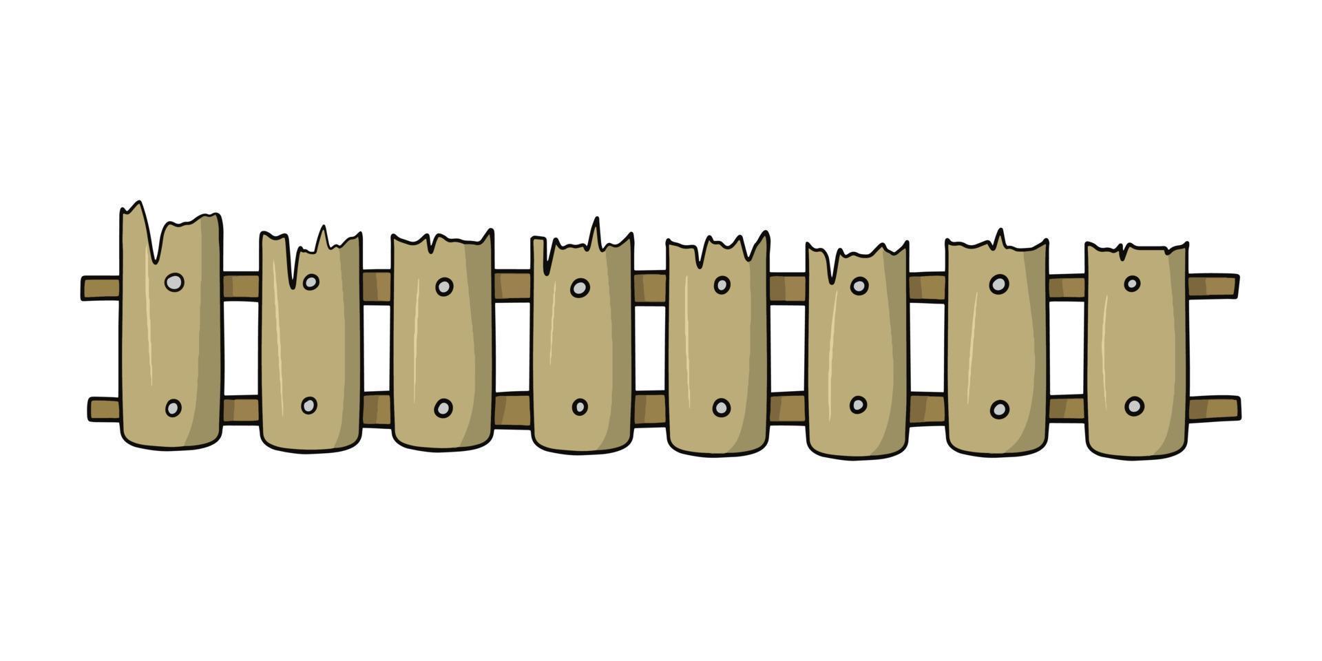 Long Old low wooden fence with cracks, vector illustration in cartoon style on white background