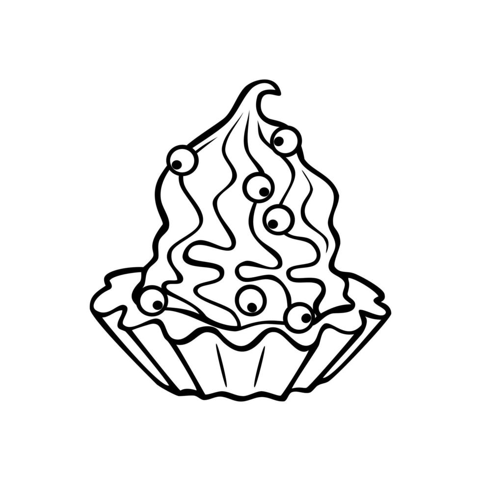 Delicious cake with cream and blueberries, monochrome vector illustration in cartoon style on a white background