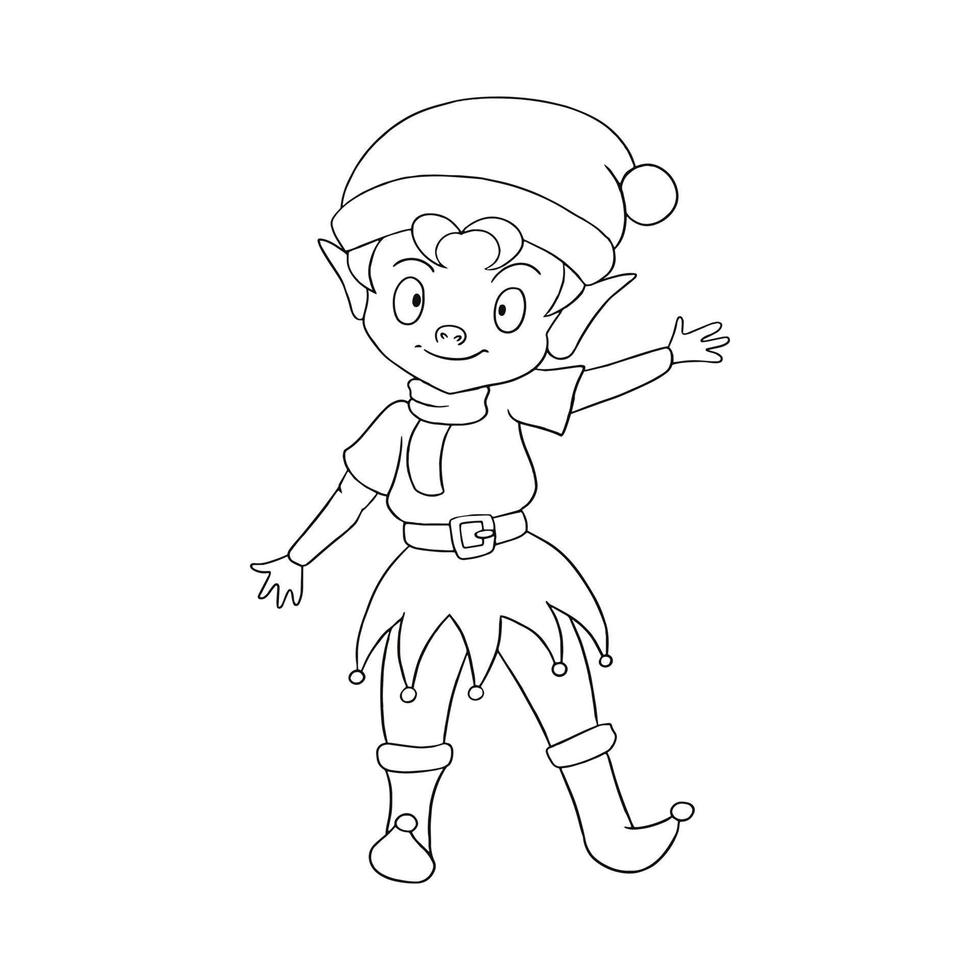 Monochrome picture, Cute little elf, Santa,s helper, waving, greeting, Vector illustration on white background