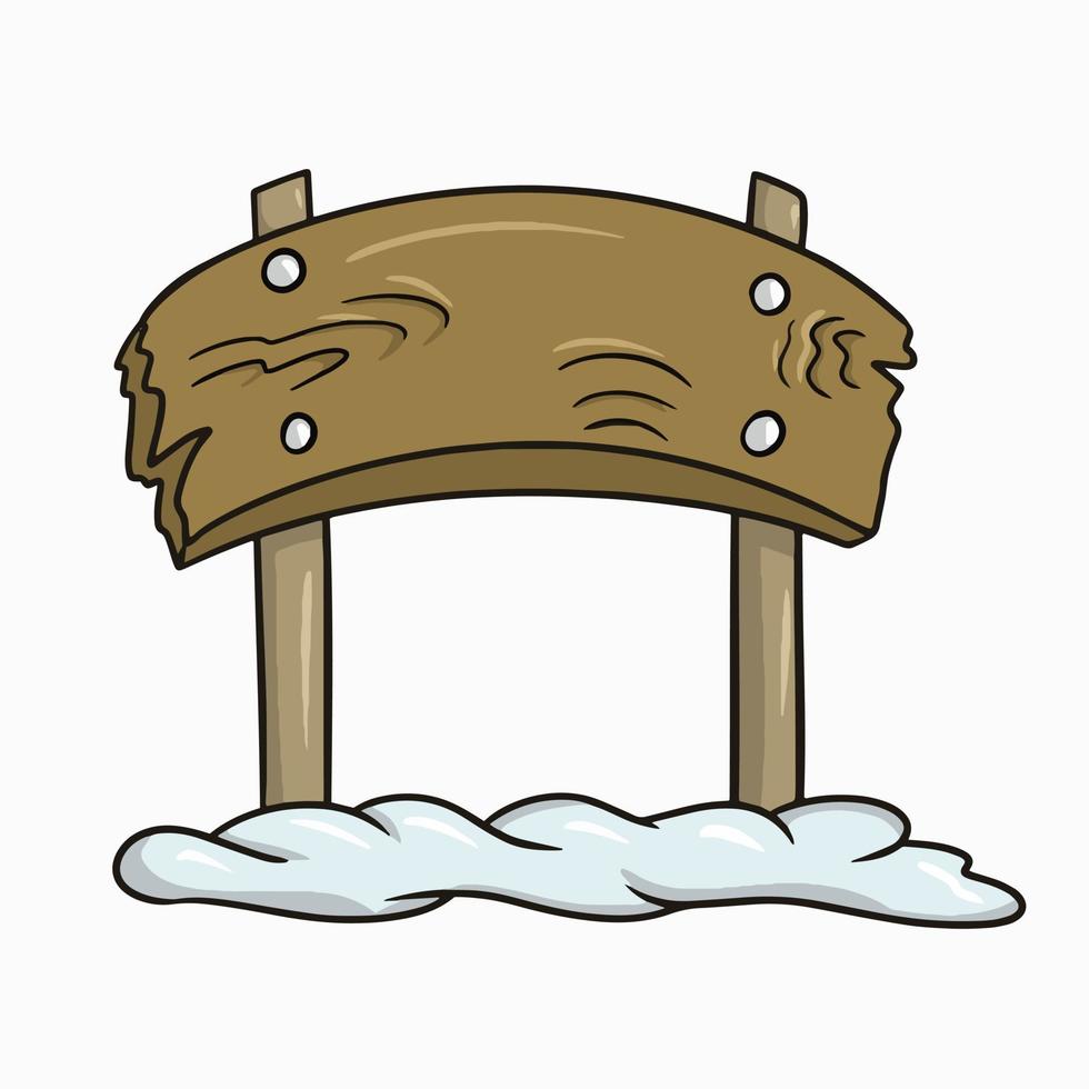 Square brown wooden sign on two pillars, a stand in the snow, a vector illustration in cartoon style on a white background