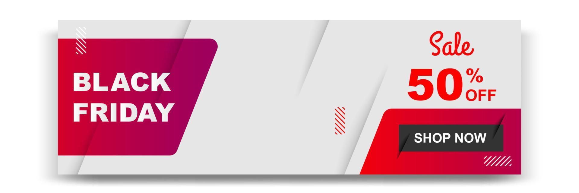 Minimal modern geometric horizontal Black Friday sale banner in black, white and red color. vector