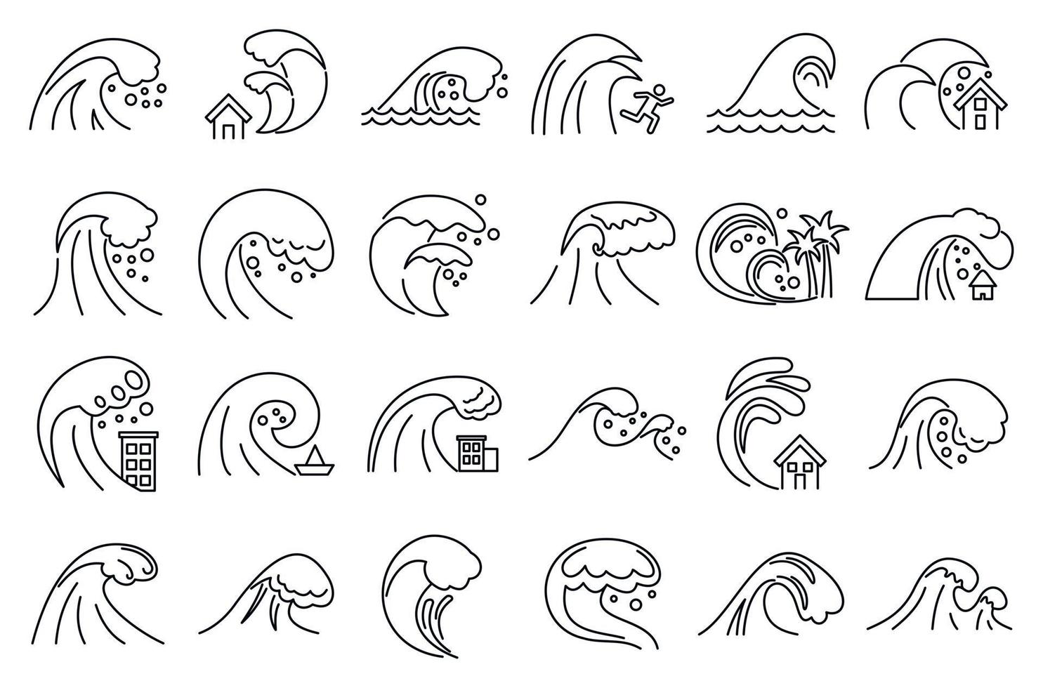 Tsunami disaster icons set, outline style vector