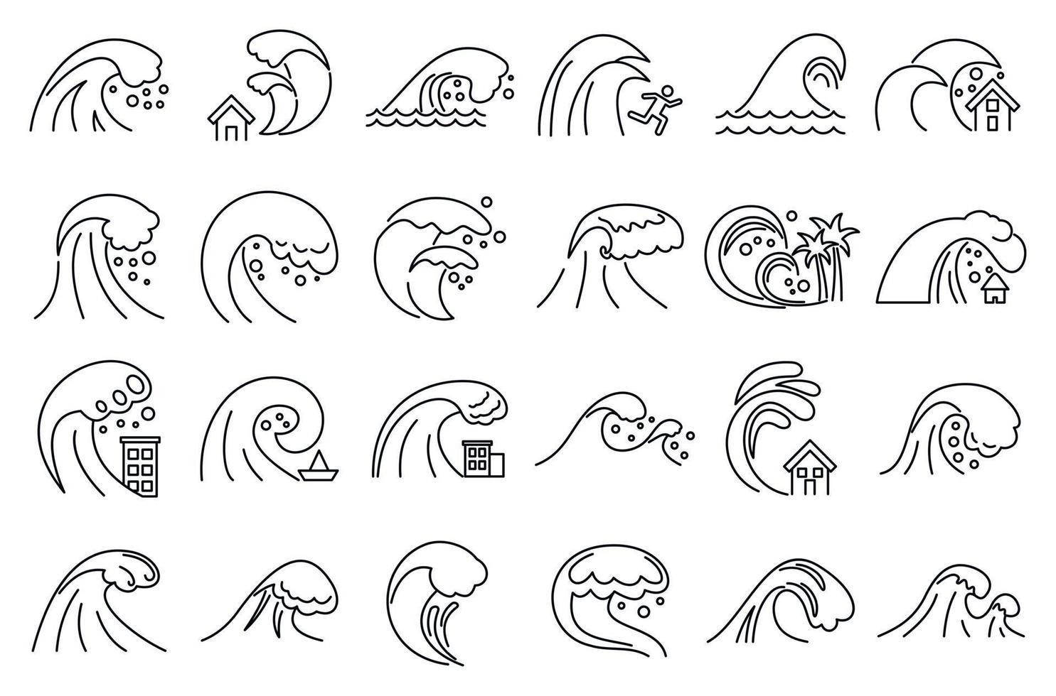 conjunto de iconos de desastre de tsunami, estilo de contorno vector