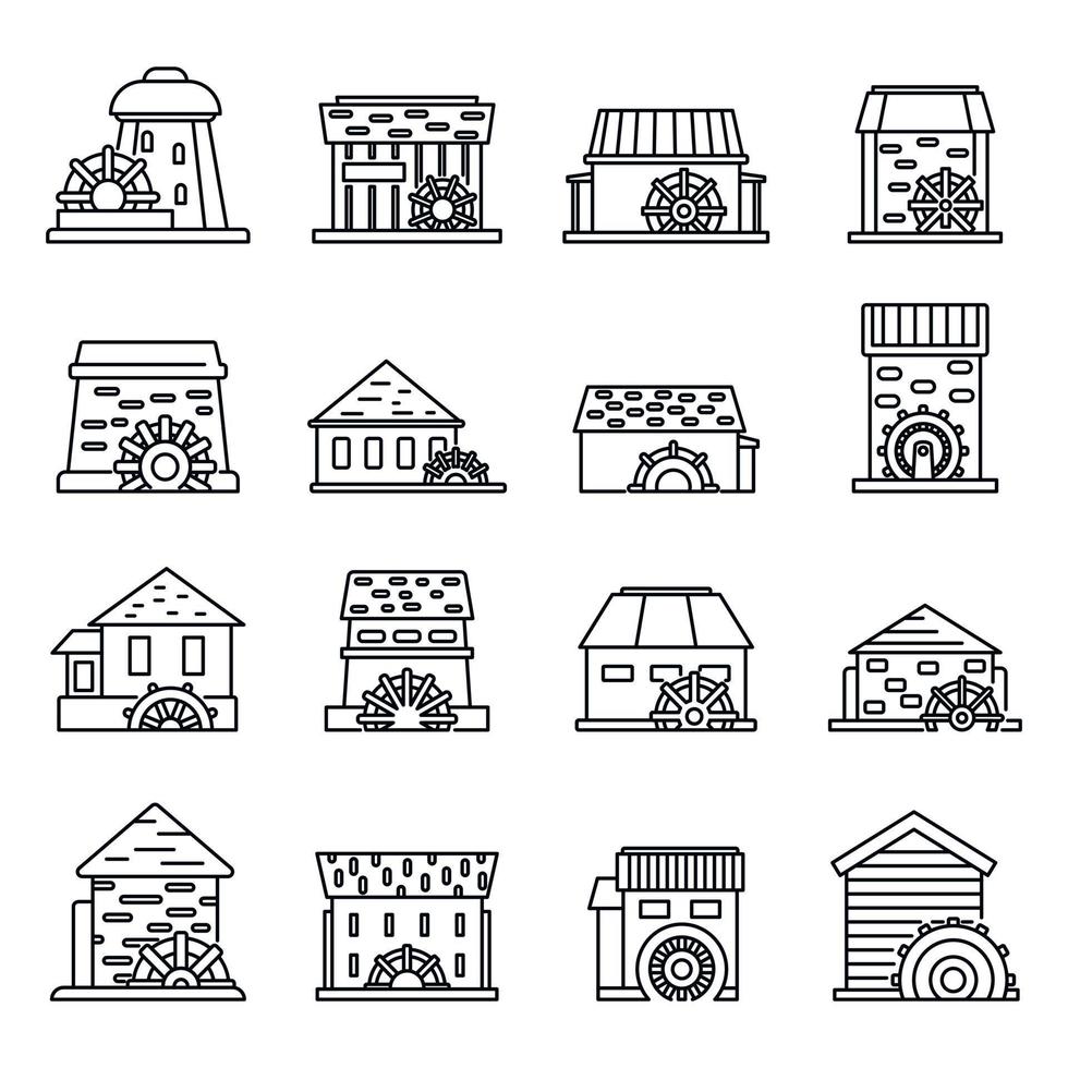 Farm water mill icons set, outline style vector