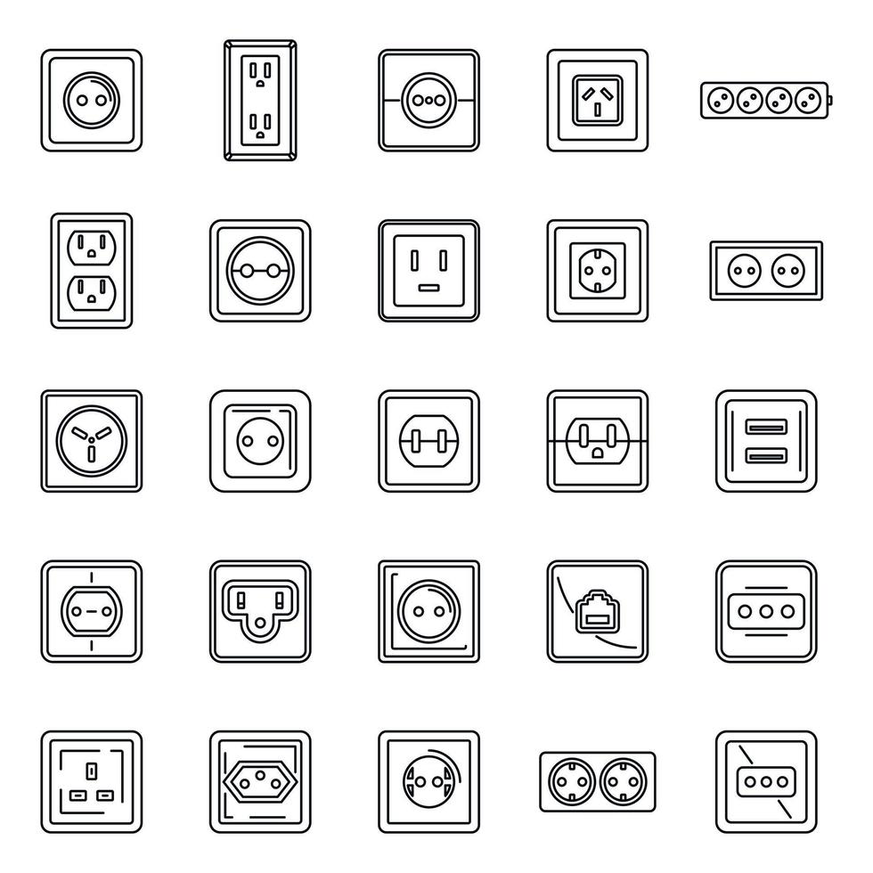 conjunto de iconos de toma de corriente eléctrica, estilo de contorno vector