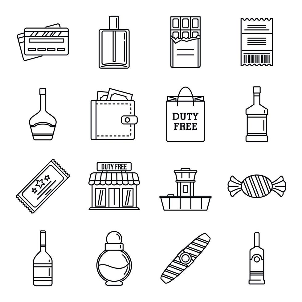 Travel duty free shop icons set, outline style vector