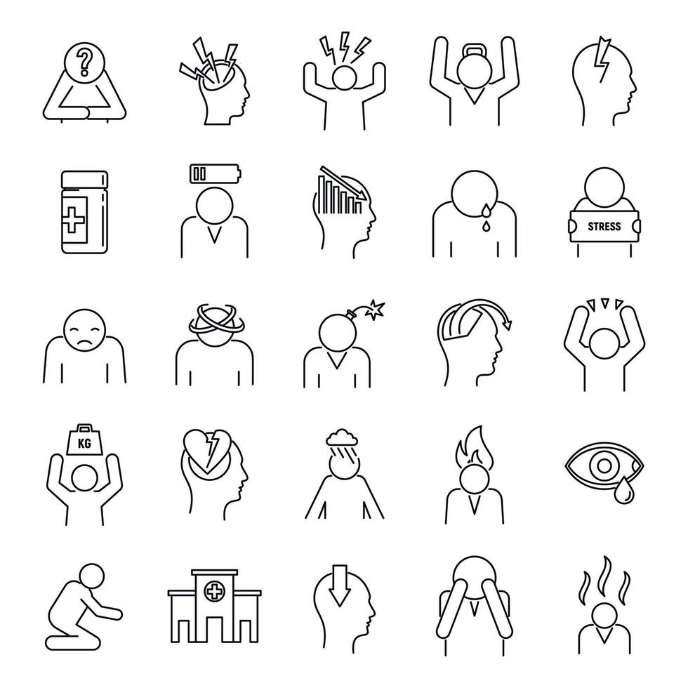 Stress emotion icons set, outline style vector