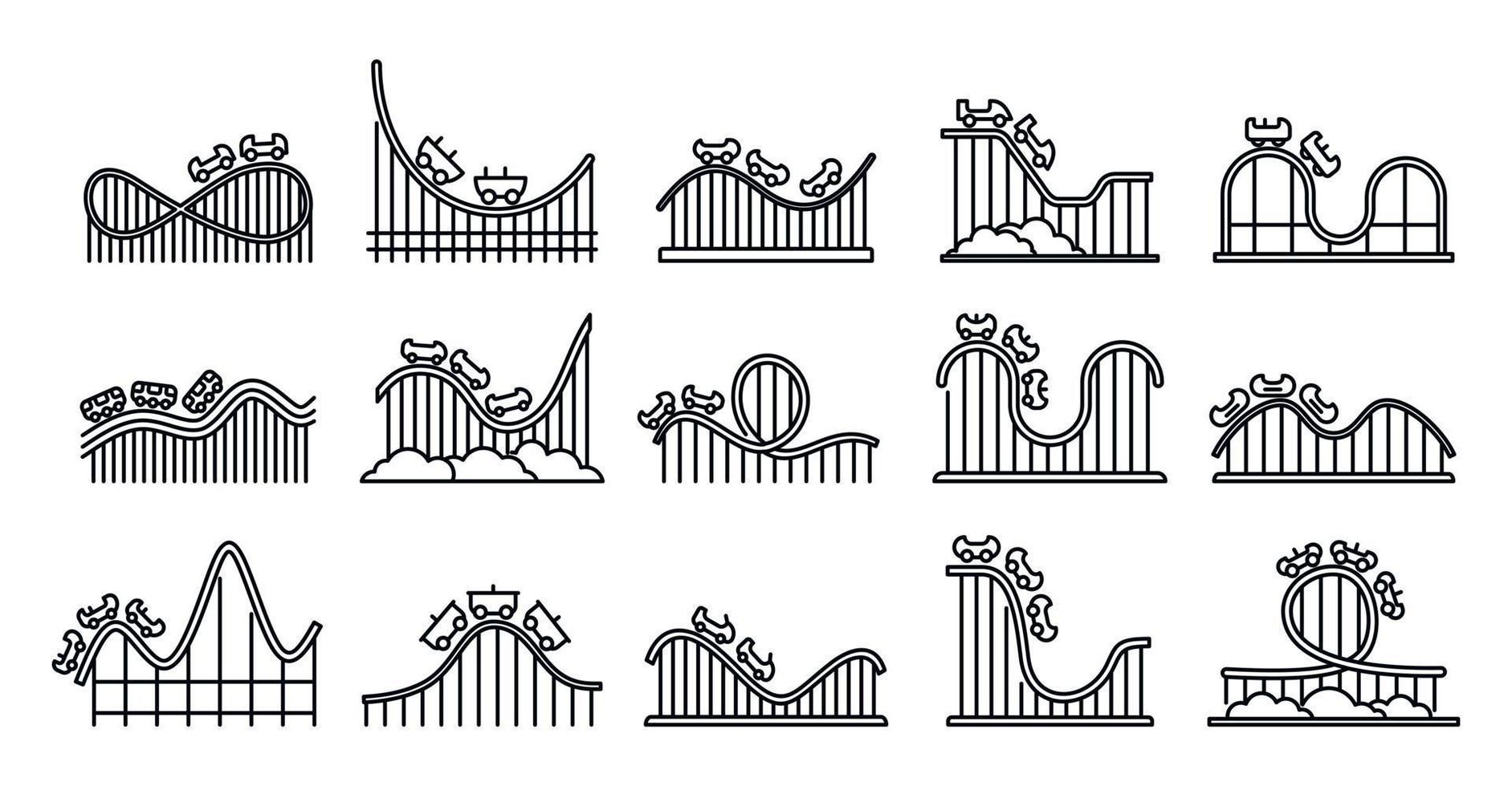 Roller coaster amusement icons set, outline style vector