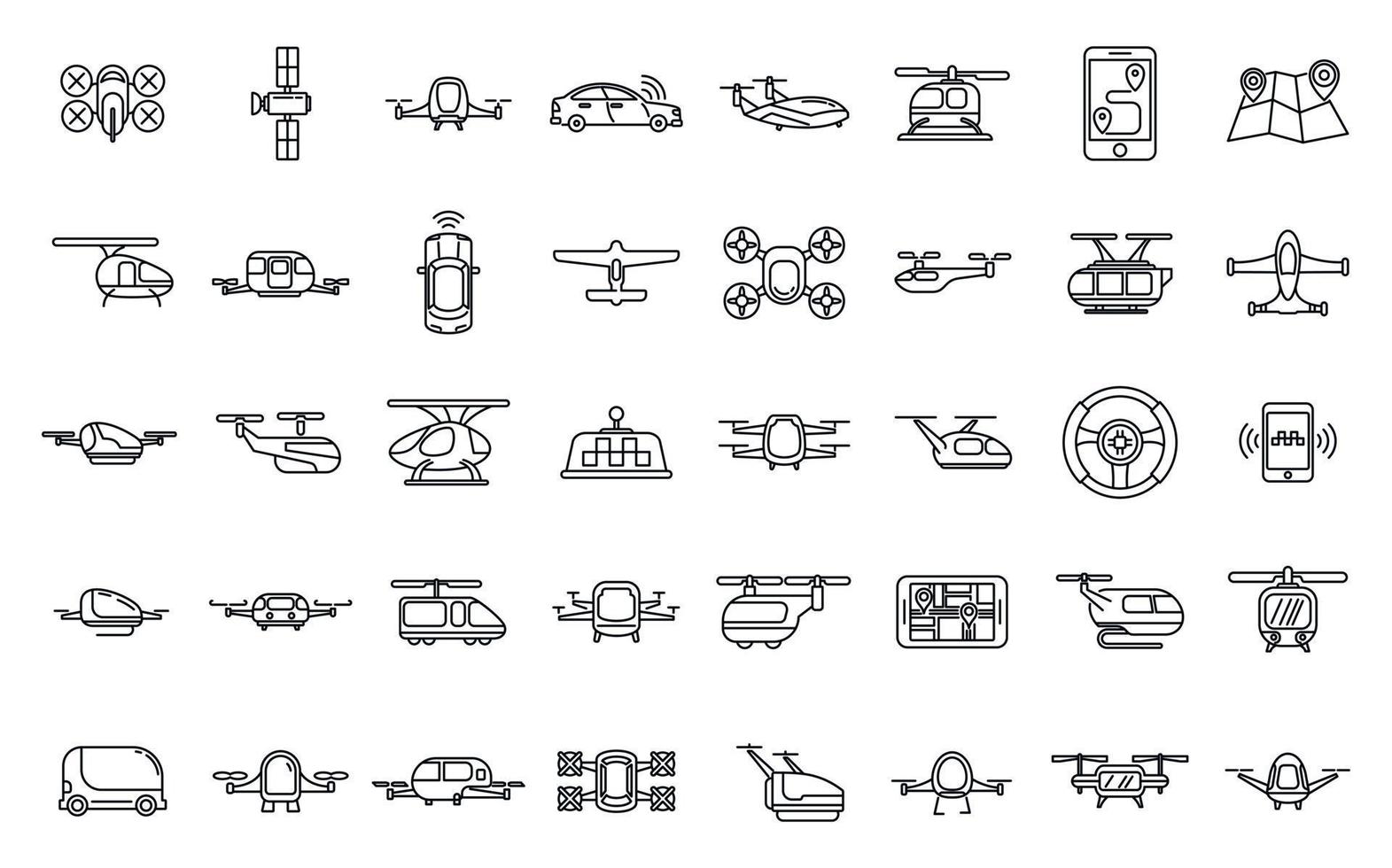 Unmanned taxi drive icons set, outline style vector