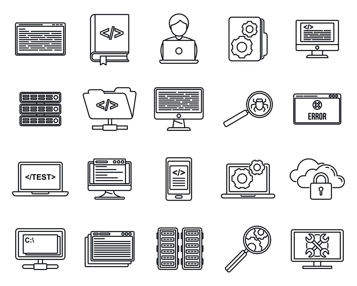 Pc testing software icons set, outline style vector