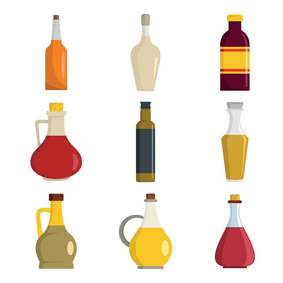 Vinegar bottle icons set, flat style vector