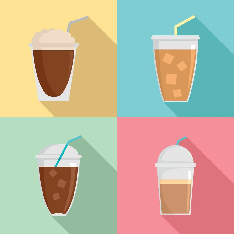 Ice coffee cream cold cup icons set, flat style vector