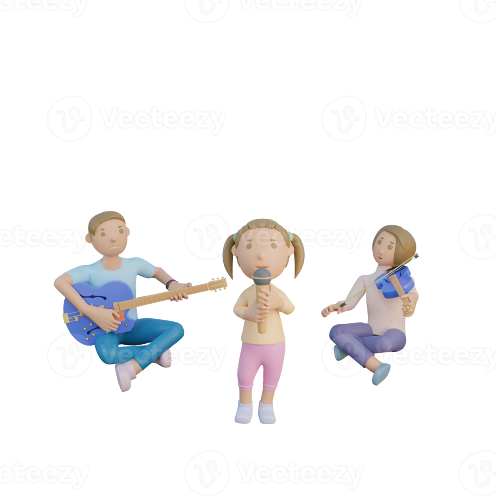 3d render father mom and daughter sing and playing music illustration png