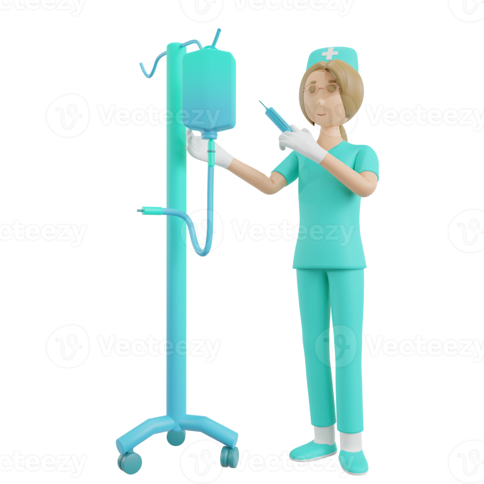 3D render verpleegster illustratie met medische injectie en medische infusie png