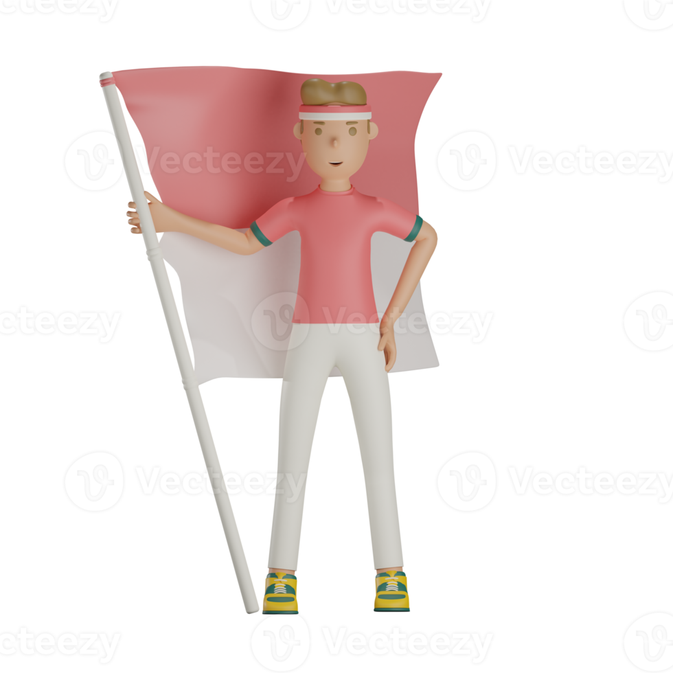 3d Indonesian Independence day character hold flag with transparent background png