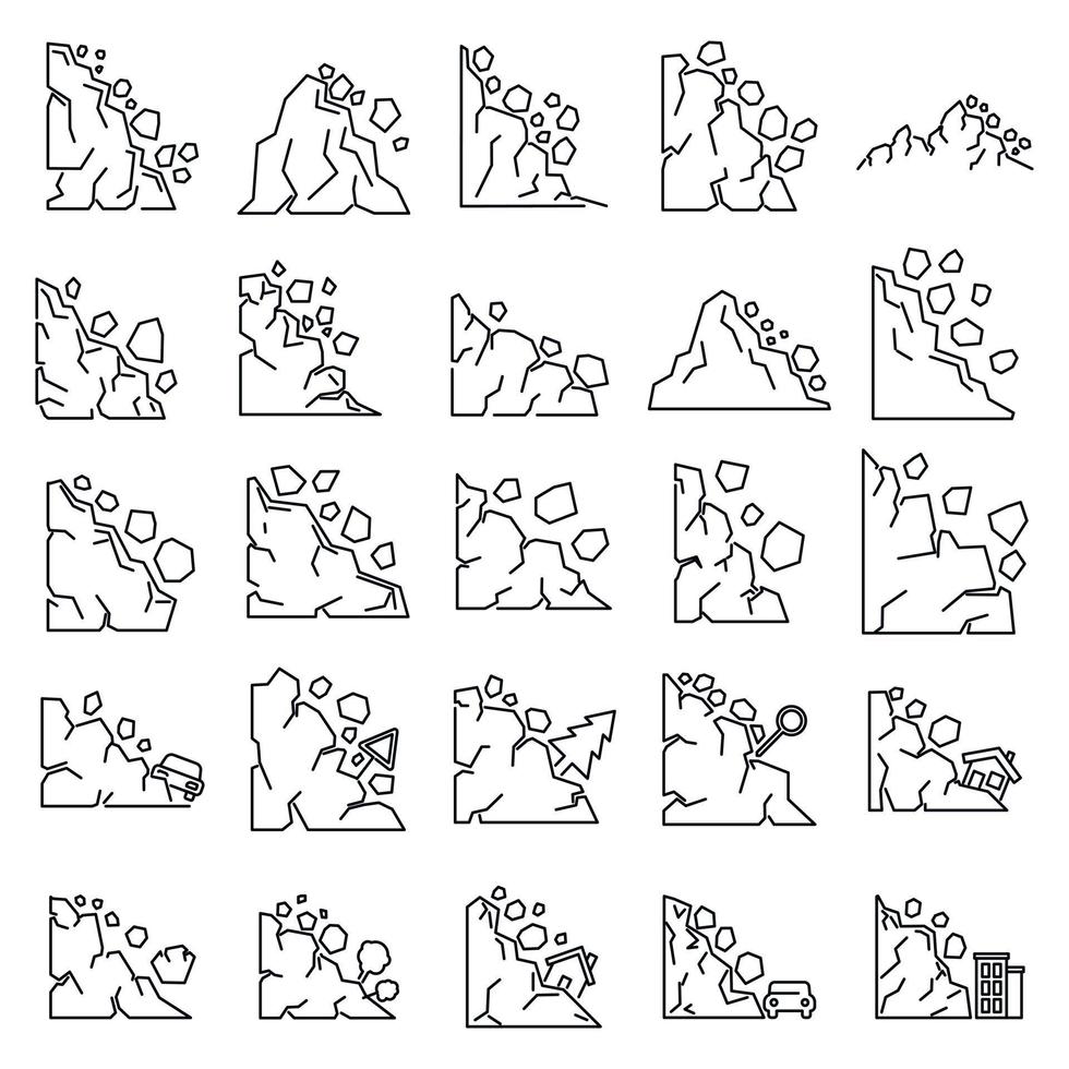 Danger landslide icons set, outline style vector