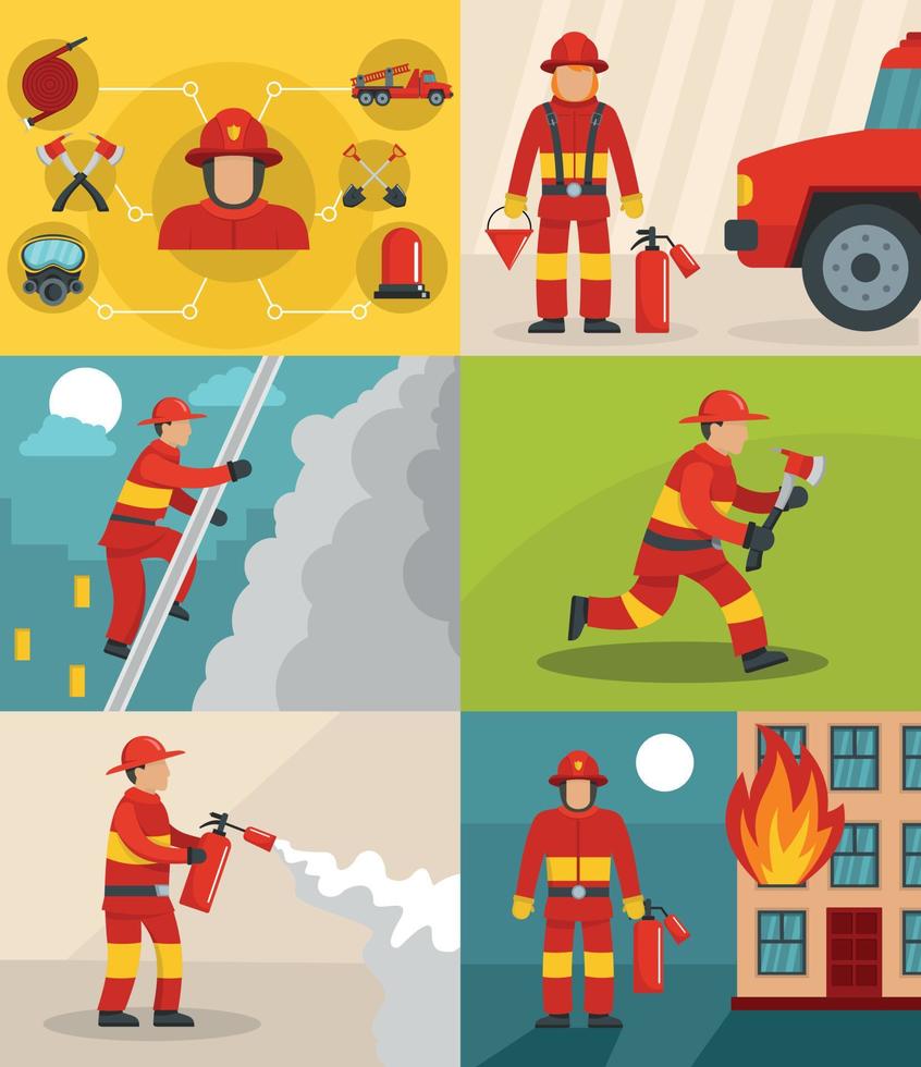 Fire fighter banner concept set, flat style vector