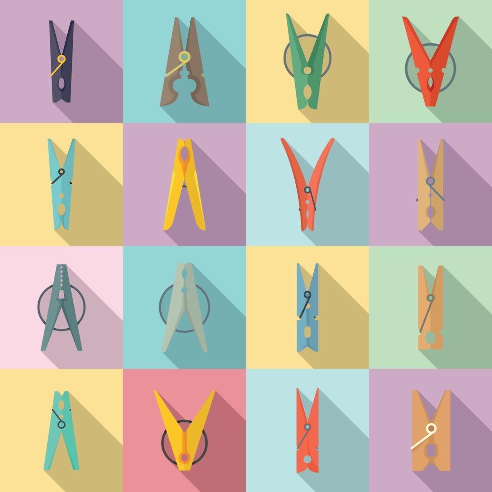 Clothes pins icons set, flat style vector