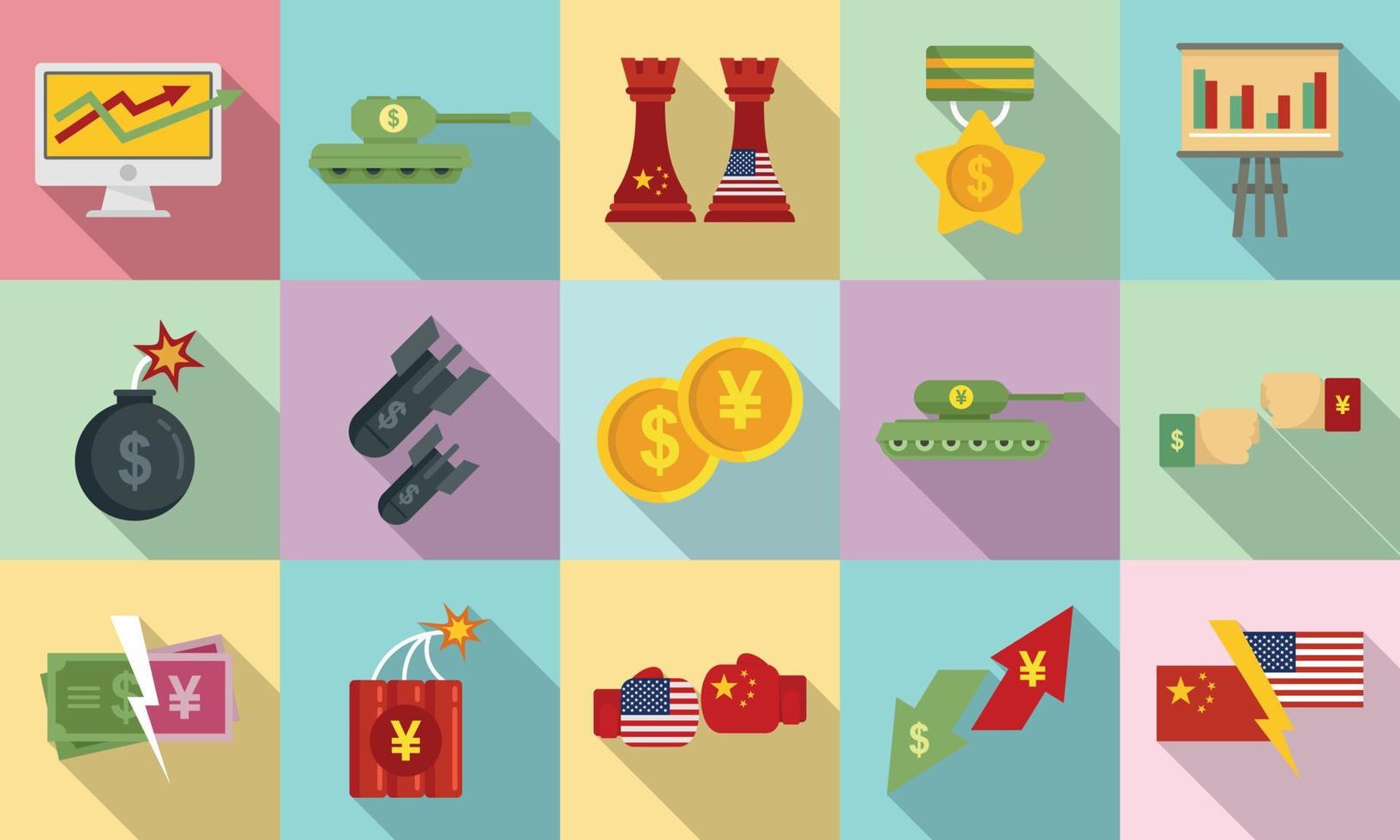 Trade war icons set, flat style vector