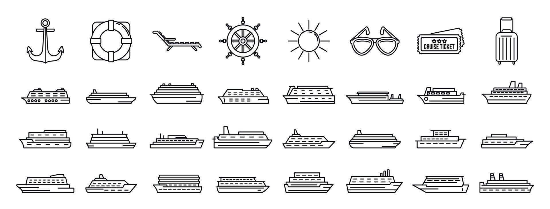 conjunto de iconos de crucero oceánico, estilo de contorno vector
