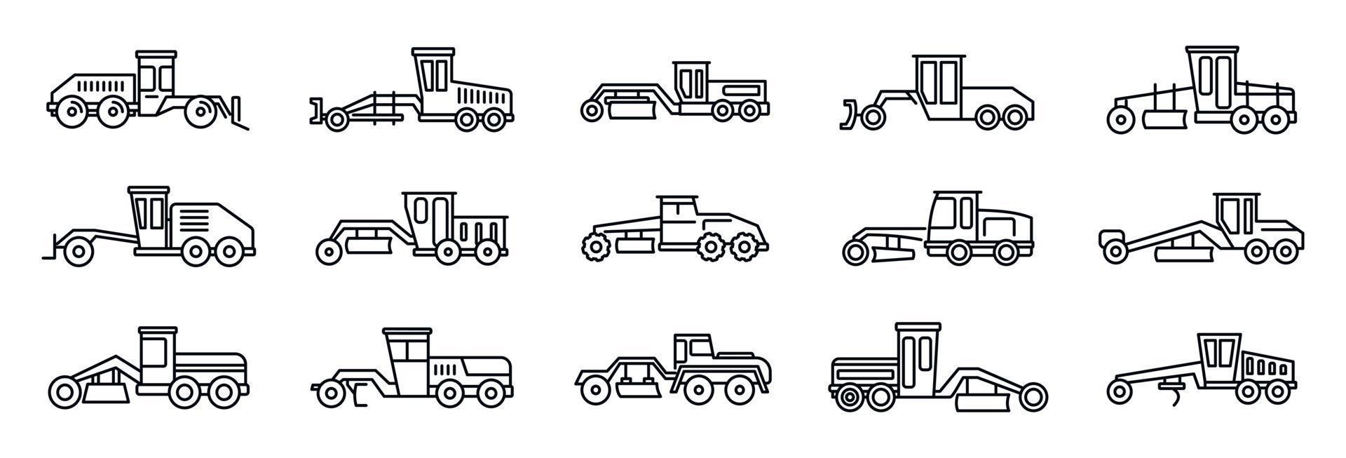 Construction grader machine icons set, outline style vector