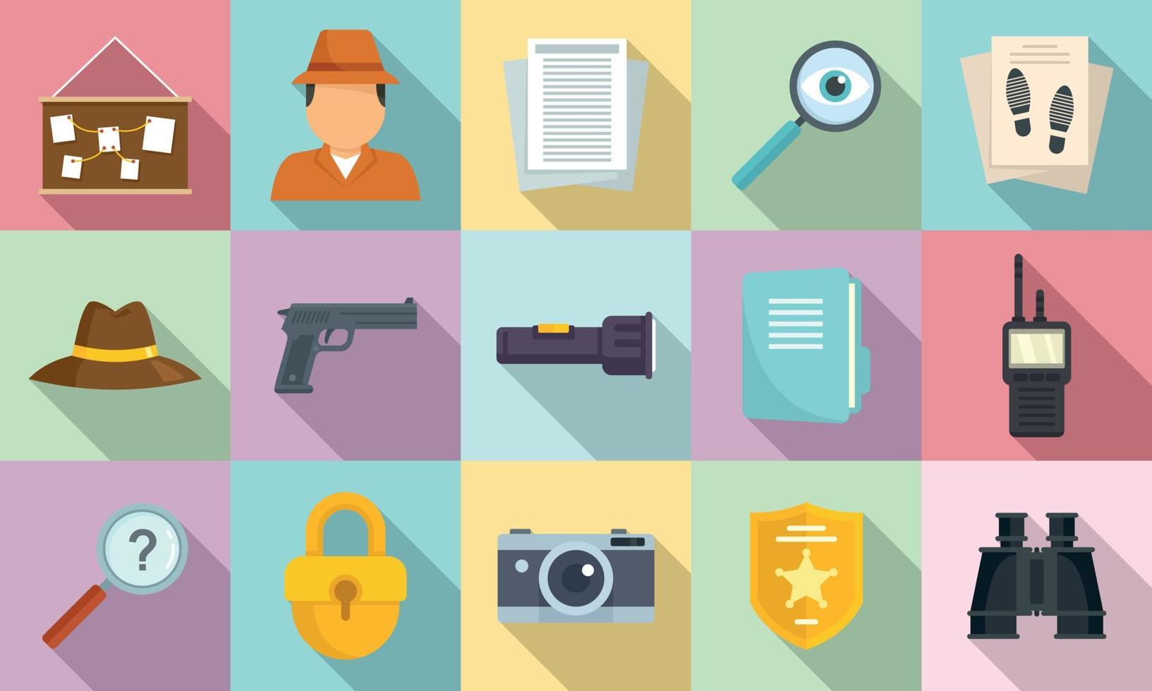 Investigator icons set, flat style vector