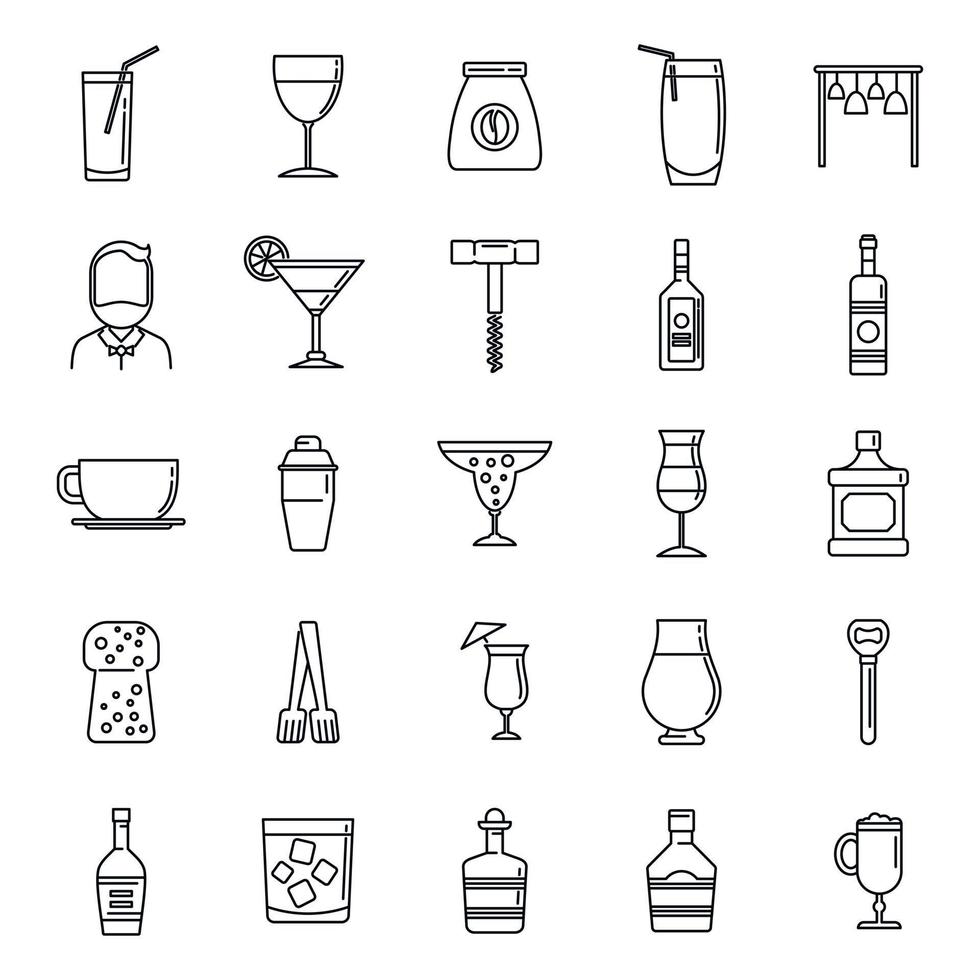 barman, hombre, iconos, conjunto, contorno, estilo vector