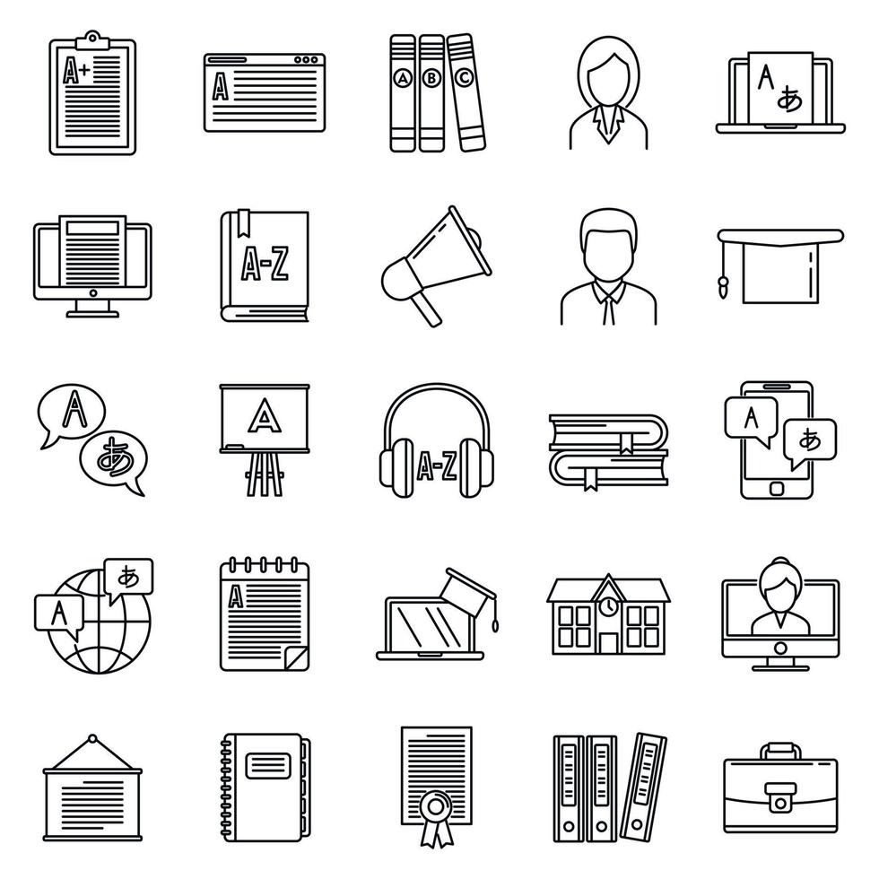 Modern foreign language teacher icons set, outline style vector