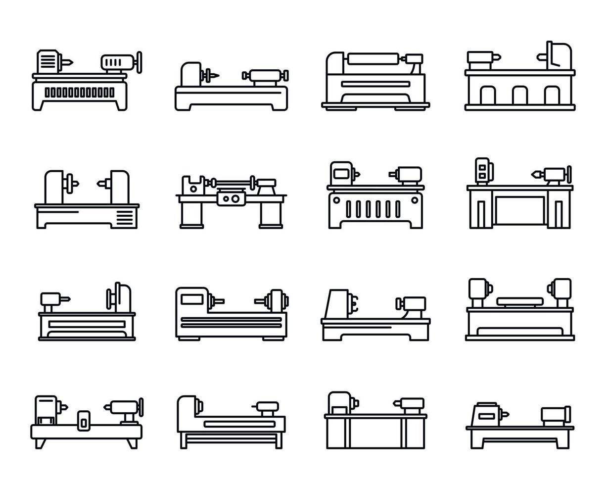 Lathe drilling icons set, outline style vector