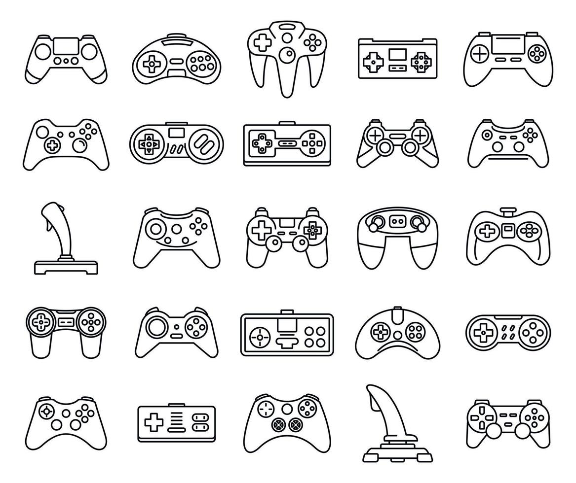 Gaming joystick icons set, outline style vector