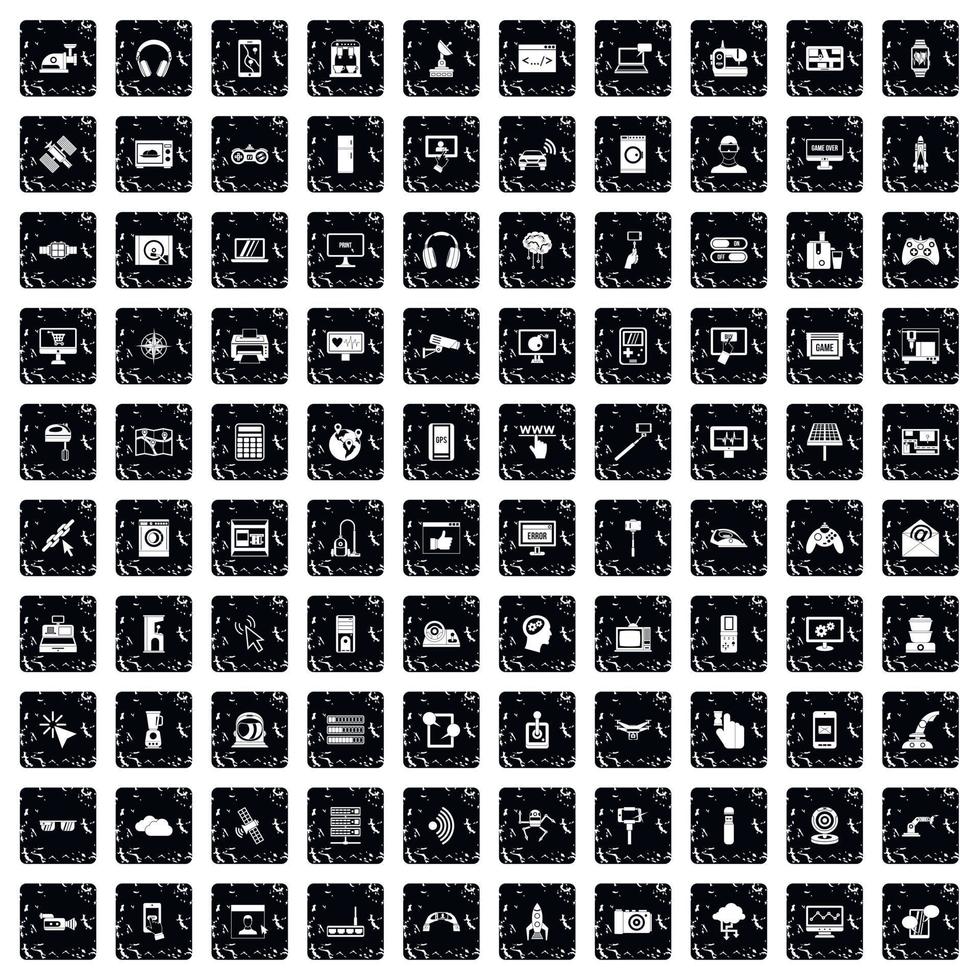 100 software icons set, grunge style vector