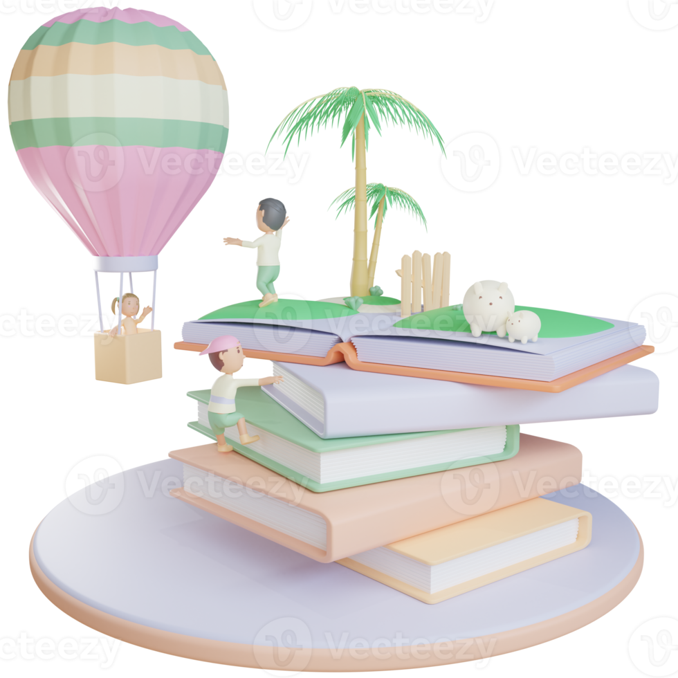 3d children book hot air balloon ride illustration with transparent background png