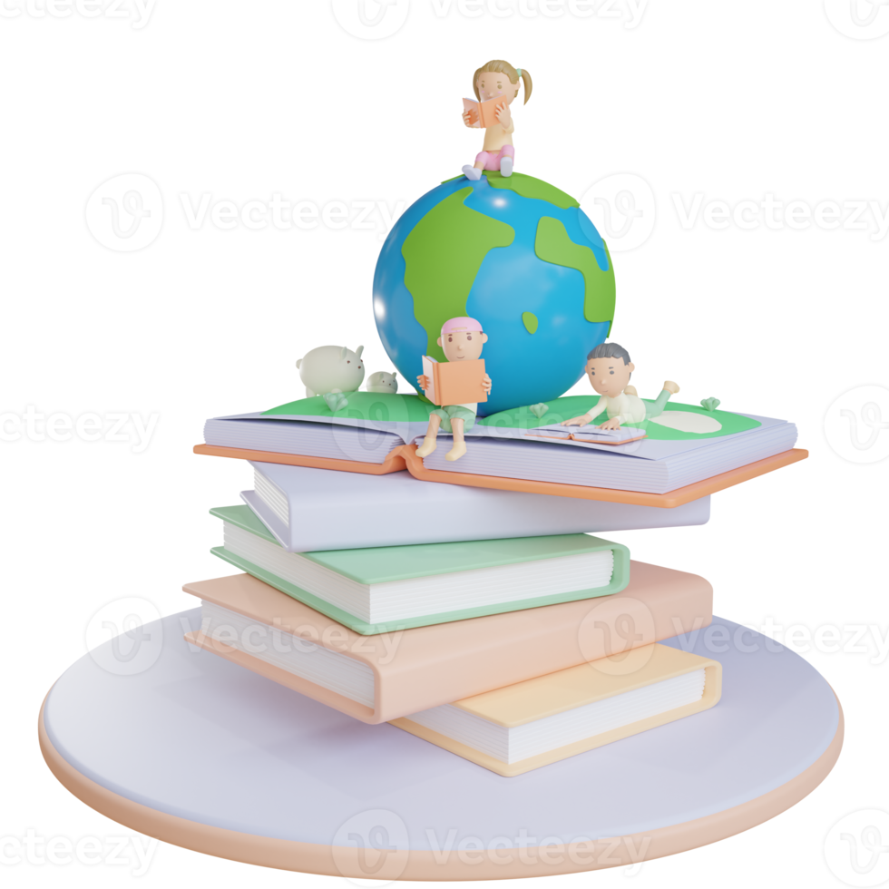 3d children book read on the globe illustration with transparent background png