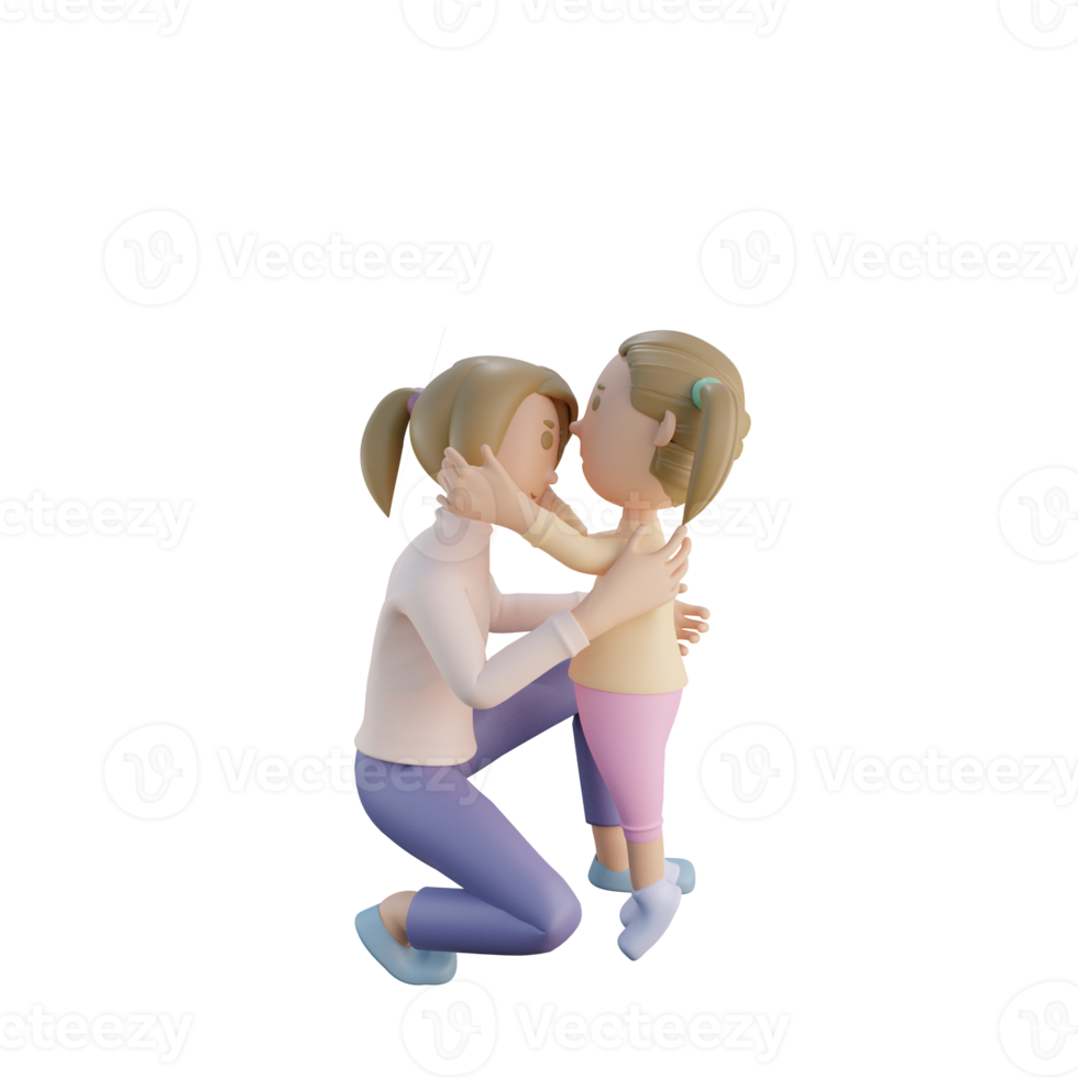 3D render mamma och dotter kysser pannan illustration png