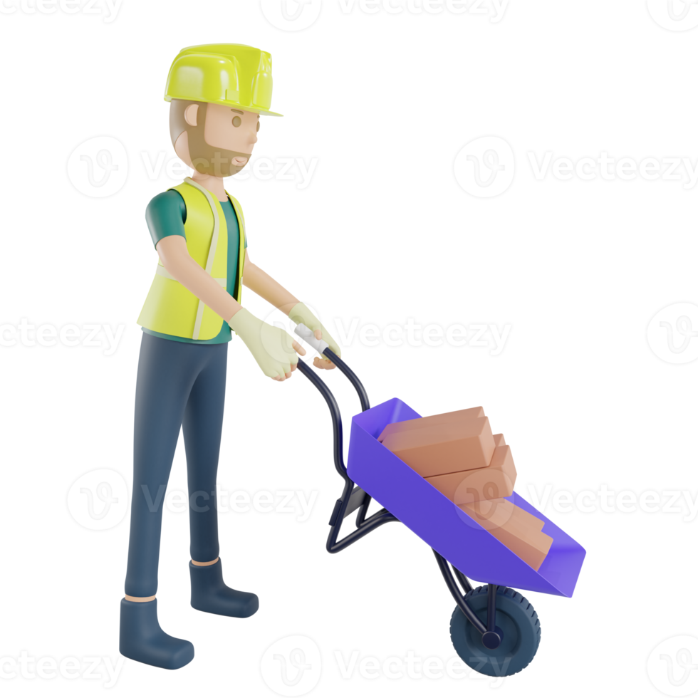 Construction worker carrying bricks with wheelbarrow png