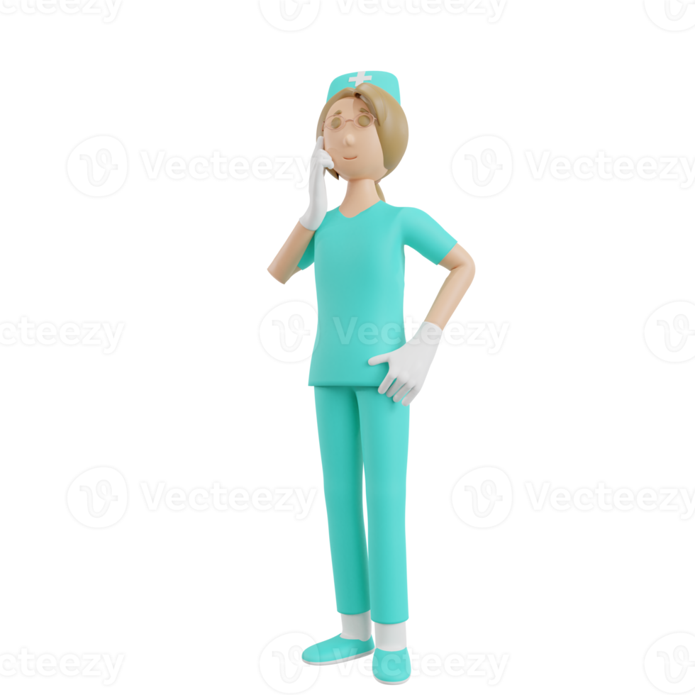 3d render nurse illustration with thinking gesture png