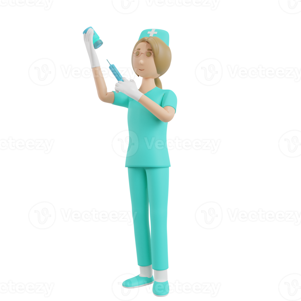 3d render nurse illustration with medical injection and vaccine png