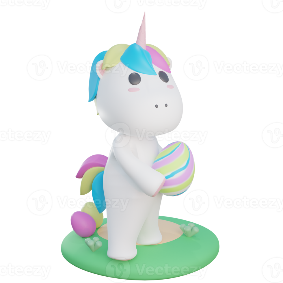 unicorn hold easter egg illustration with transparent background 3D Render png