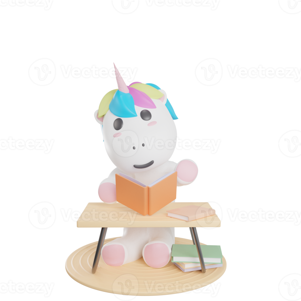 unicorn reading book illustration with transparent background 3D Render png