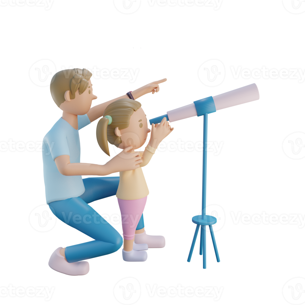3d render padre e hija usando telescopio juntos ilustración png