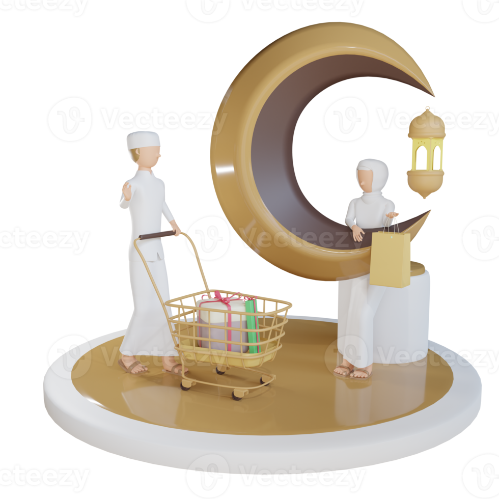 3d man woman muslim shopping illustration with transparent background png